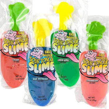 Face Twisters Sour Tongues in Cherry, Blue Raspberry, Green Apple and Strawberry flavors.