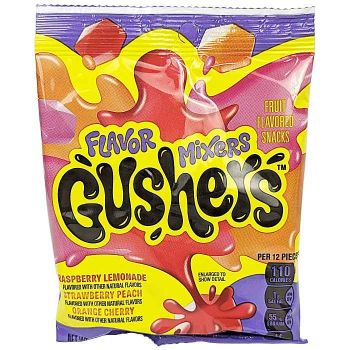 Flavor Mixers Gushers are a mix of raspberry lemonade, strawberry peach and orange cherry flavored fruit snacks.