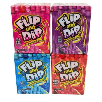 Flip and Dip candy includes Gummy Sticks and Sour Dip in four flavors. Sour Berry Slime, Oooey Gooey Grape, Blue Ooze and Cheek Pucker Punch.