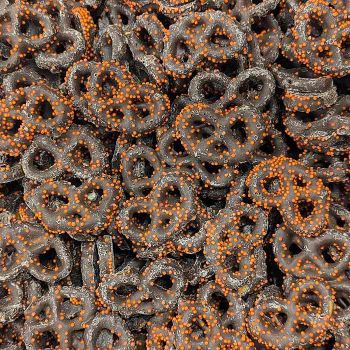 Chocolate-covered Harvest Pretzels with Nonpareils for Halloween