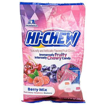 Hi-Chew Berry Mix features fruity candy chews in Black Cherry, Raspberry and Blueberry flavors.