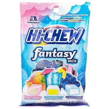 Hi-Chew Fantasy Mix features Rainbow Sherbet, Blue Hawaii and Blue Raspberry flavored candy chews.