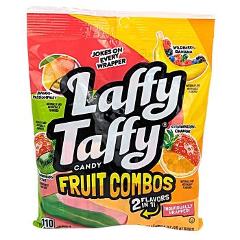 Laffy Taffy Fruit Combos are a mix of Mango Passionfruit, Wildberry Banana, Strawberry Kiwi and Strawberry Orange flavors.