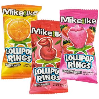 Mike and Ike Lollipop Rings in Orange, Strawberry and Cherry flavors.