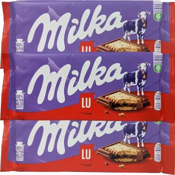 Milka Lu are shortbread cookies pressed into an alpine milk chocolate bar.