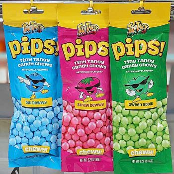 Pips! Tiny Tangy Candy Chews in Blueberry, Strawberry and Green Apple flavors.