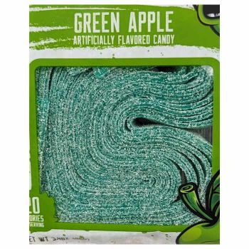Close up of Green Apple Sour Strips in package.