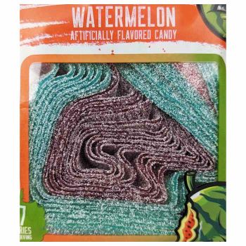 Close up of Watermelon Sour Strips in package.