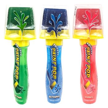 Squeezy Paint Pop Lollipop & Gel Candy in Green Apple, Blue Raspberry and Strawberry.