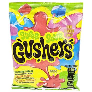 Super Sour Gushers include blueberry grape, mixed berry and raspberry lemonade flavored fruit snacks.