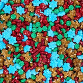 Winter Wonderland Sweettart Mix featuring blue snowflakes, gingerbread men, candy canes and red and green candy whorls.