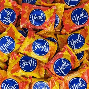 Pumpkin-shaped York Peppermint Patties for the harvest and Halloween season.